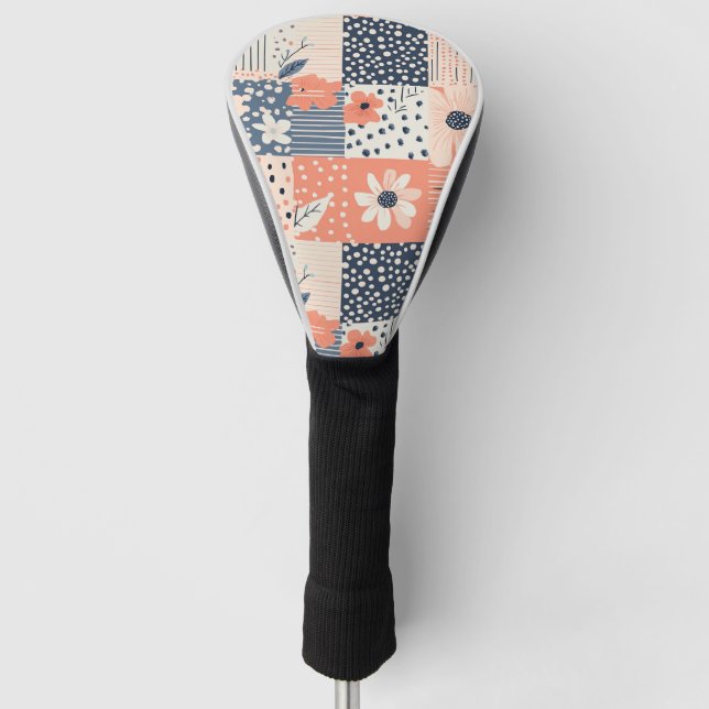 Coral Navy Floral Patchwork Quilt Pattern Golf Head Cover (Front)