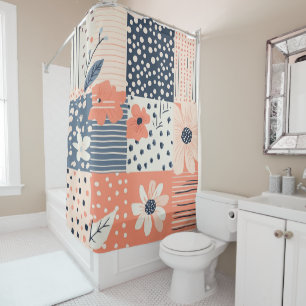 Coral Navy Floral Patchwork Quilt Pattern Shower Curtain