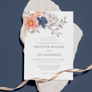 Coral & Navy Flowers   Elegant Botanical  Invitation