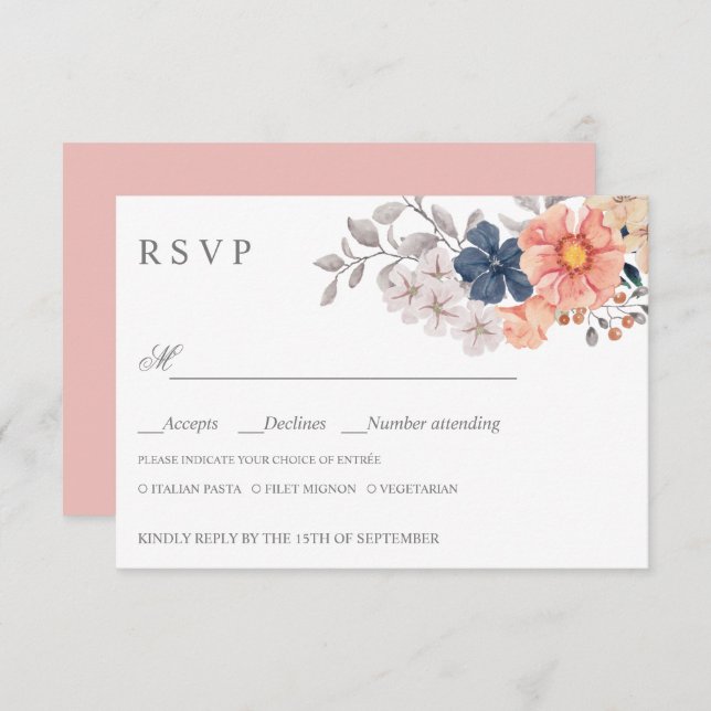 Coral Navy Flowers WEDDING RSVP MEAL CHOICE (Front/Back)
