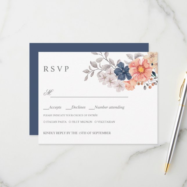Coral Navy Flowers WEDDING RSVP MEAL CHOICE (Front/Back In Situ)
