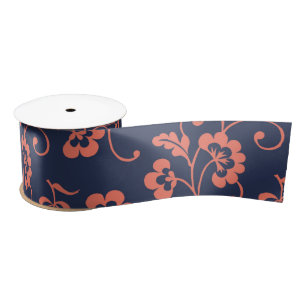 Coral Navy Glamourous Flowers Satin Ribbon
