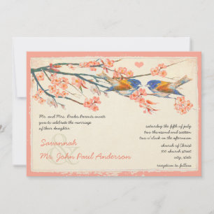 Coral Navy Love Bird Cherry Blossom Wedding Invitation