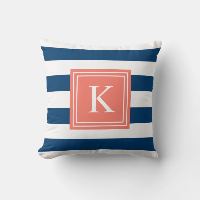 Coral & Navy Monogram Striped | Throw Pillow (Front)