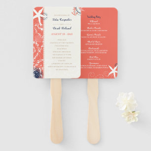 Coral & Navy Nautical Beach Wedding Program Hand Fan