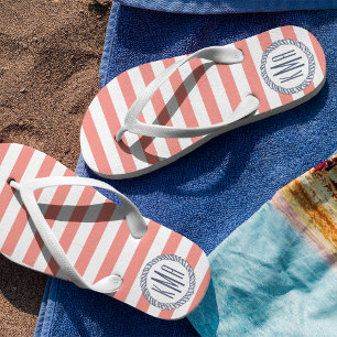 Coral & Navy Nautical Stripe Preppy Monogram Thongs