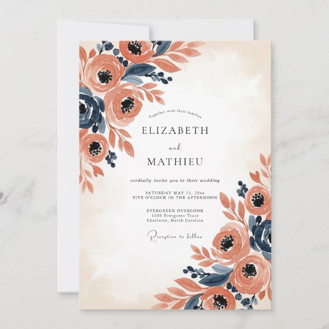 Coral Navy Picturesque Autumnal Wedding Invitation (Front)