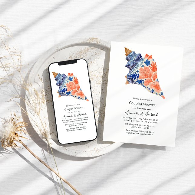 Coral & Navy Seashell Coastal Beach Couples Shower Invitation (Coral & Navy Seashell Coastal Beach Couples Shower Invitation)