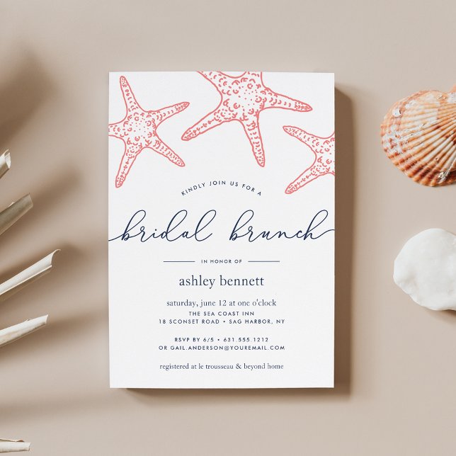 Coral & Navy Starfish Bridal Shower Brunch Invitation (Creator Uploaded)
