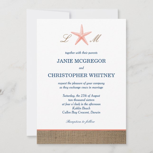 Coral & Navy Starfish Burlap Beach Wedding Invites (Front)