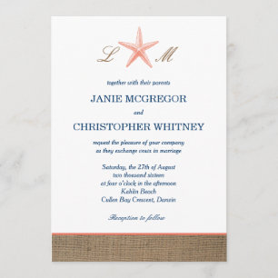 Coral & Navy Starfish Burlap Beach Wedding Invites