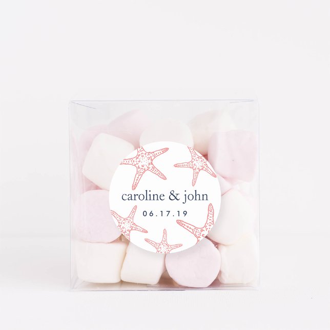 Coral & Navy Starfish Personalised Wedding Classic Round Sticker (Creator Uploaded)