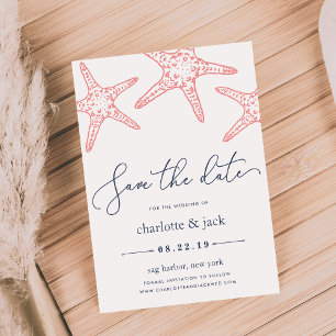 Coral & Navy Starfish Save the Date Card