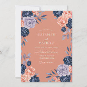 Coral Navy Watercolor Floral Wedding Invitation
