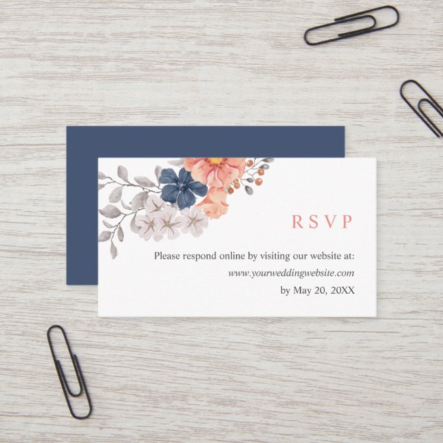 Coral Navy Wedding  RSVP Online Website Business Card (Front/Back In Situ)