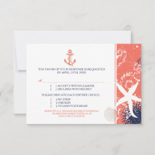 Coral Navy White Nautical Wedding Entrée Choice RSVP Card