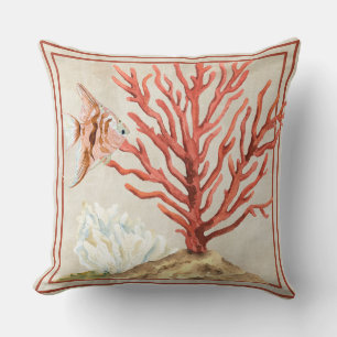 Coral Ocean Beach Angel Fish Watercolor Striped Cushion