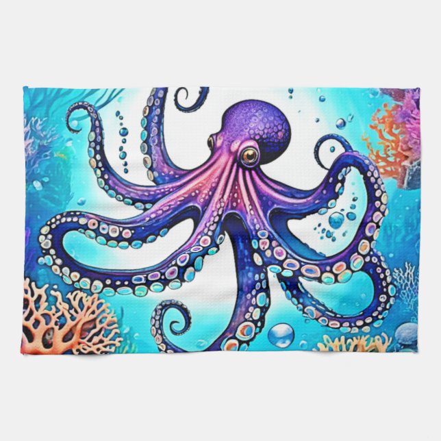 Coral Octopus Glow Design Tea Towel (Horizontal)