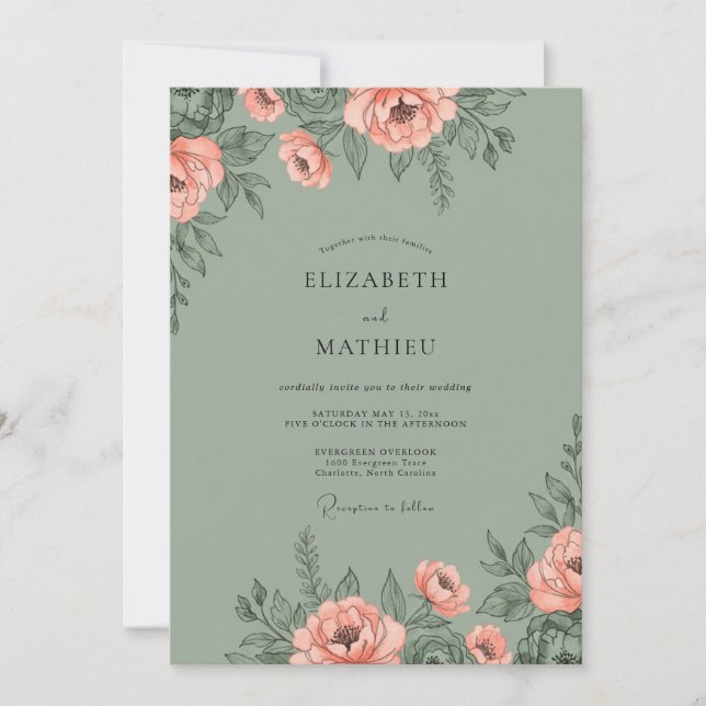 Coral Olive Peony Wedding Invitation (Front)