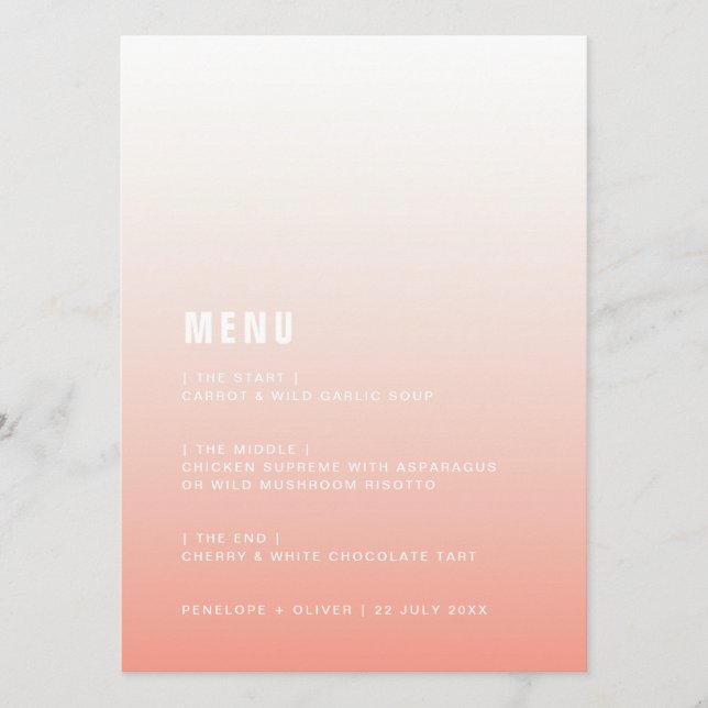 Coral Ombre | Blush Pink Modern Minimalist Wedding Menu (Front)