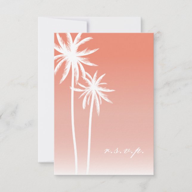 Coral Ombré Palm Trees Beach Wedding RSVP Card (Front)