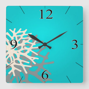 Coral on the Beach blue grey ivory Square Wall Clock