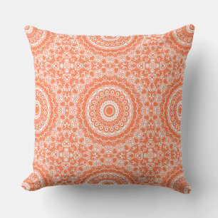Coral on White Mandala Kaleidoscope Medallion Cushion