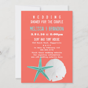 Coral Orange and Blue Beach Shells Wedding Shower Invitation