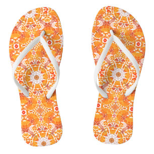 Coral Orange and Cream Batik Medallion Pattern  Thongs