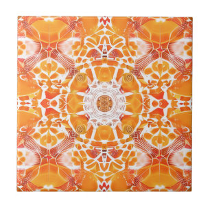 Coral Orange and Cream Batik Pattern  Ceramic Tile