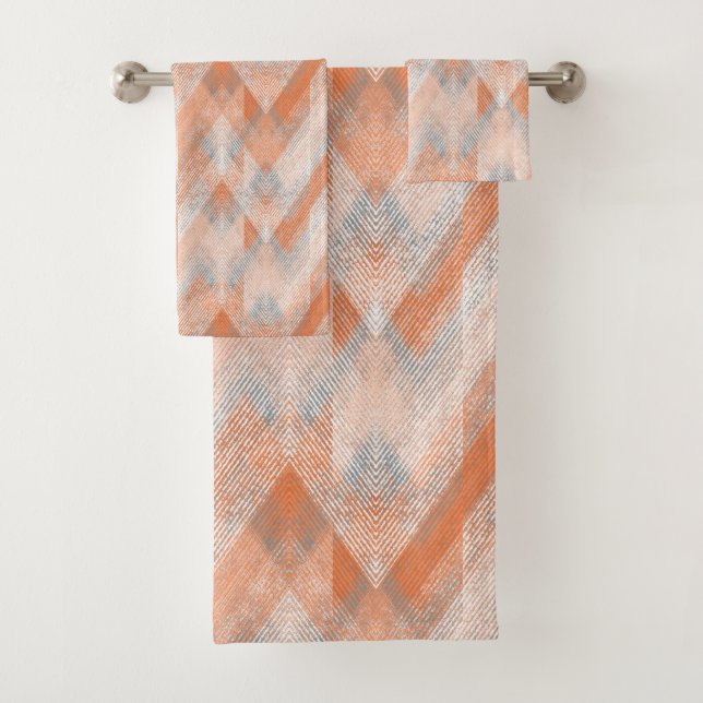 Coral, orange, beige, grey textured zigzag . bath towel set (Insitu)