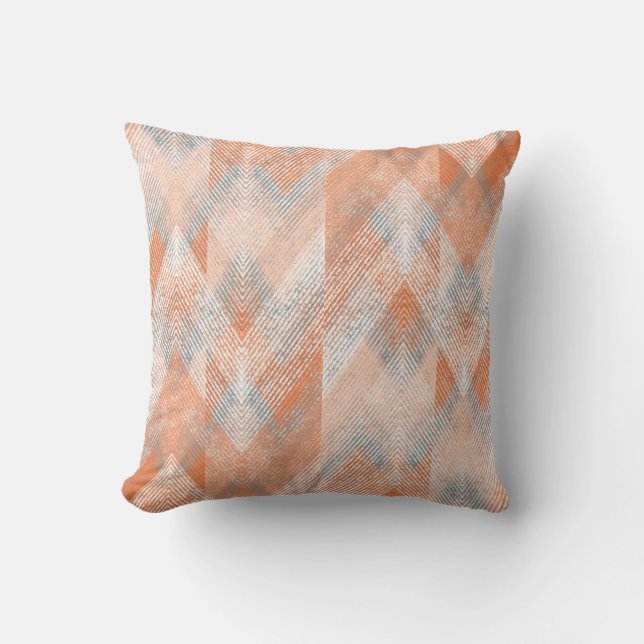 Coral, orange, beige, grey textured zigzag .  cushion (Front)