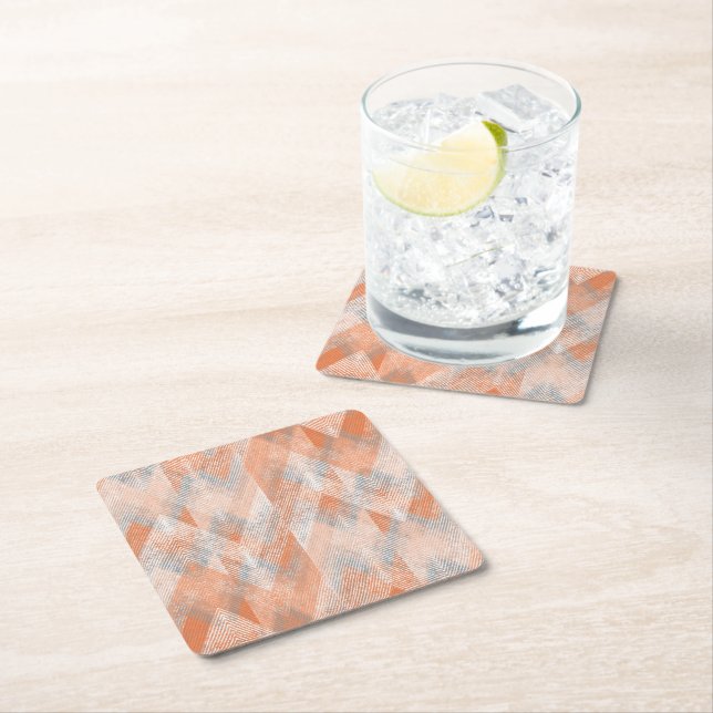 Coral, orange, beige, grey textured zigzag . square paper coaster (Insitu)