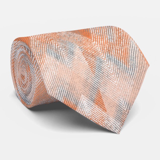 Coral, orange, beige, grey textured zigzag .  tie (Rolled)