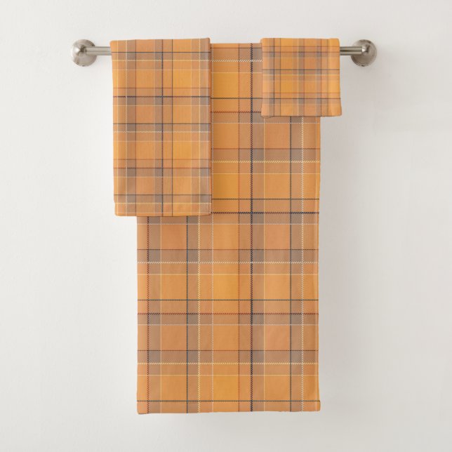Coral, orange, brown tartan plaid. bath towel set (Insitu)