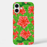 Coral Orange Camellias and Green Leaves
