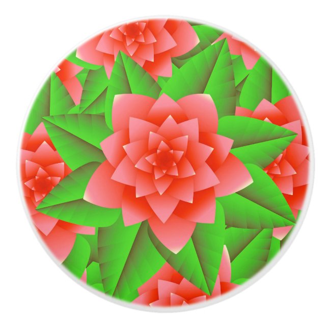 Coral Orange Camellias and Green Leaves Ceramic Knob (Front)
