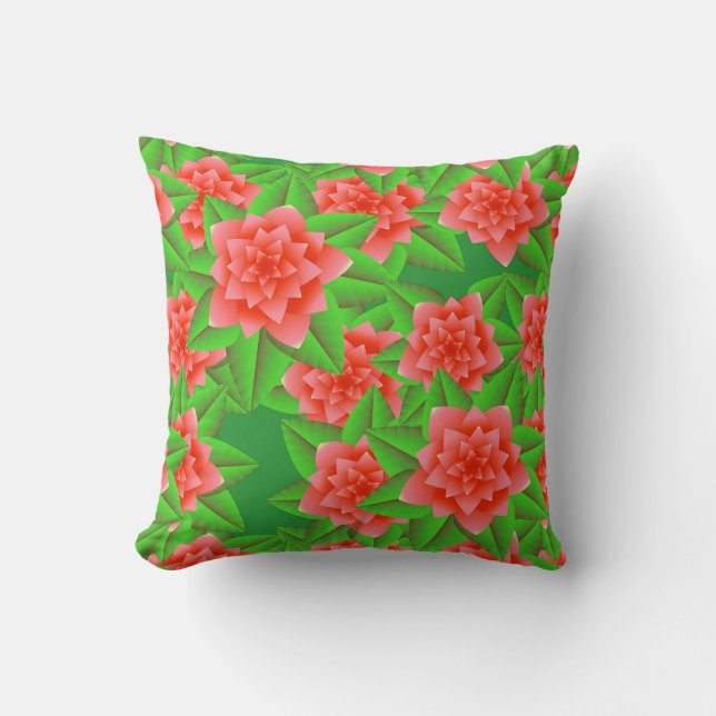 Coral Orange Camellias and Green Leaves Cushion (Front)