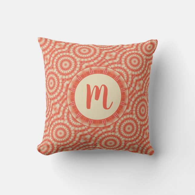Coral Orange Cream Circular Kaleidoscopes Monogram Cushion (Front)