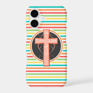 Coral Orange Cross; Bright Rainbow Stripes