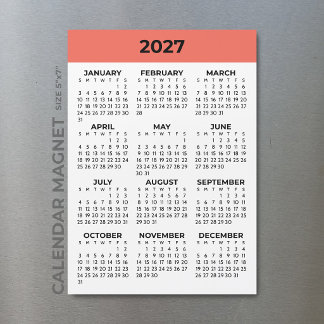 Coral Orange Full Year View 2027 Magnetic Calendar
