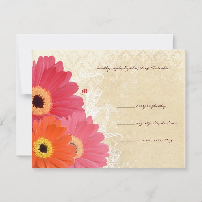 Coral & Orange Gerber Daisy Wedding Invitation (Front)
