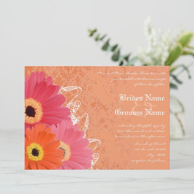 Coral & Orange Gerber Daisy Wedding Invitation (Standing Front)