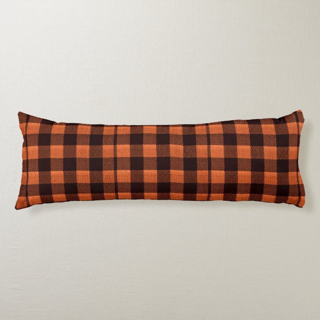Coral Orange Gingham Chequered Pattern Burlap Look Body Cushion (Front)