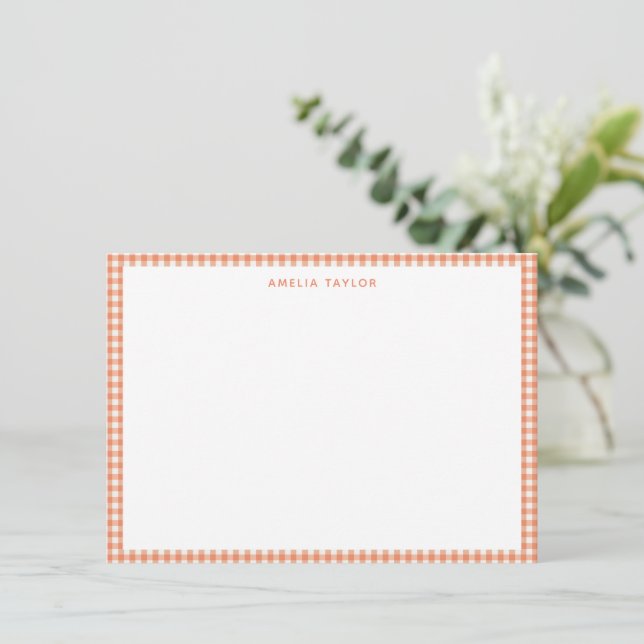 Coral Orange Gingham Plaid Personalised Stationery Card (Standing Front)