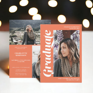 Coral orange graduate script 3 photo graduation invitation