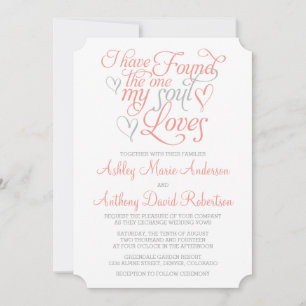 Coral Orange Grey Soul Loves Heart Wedding Invitation