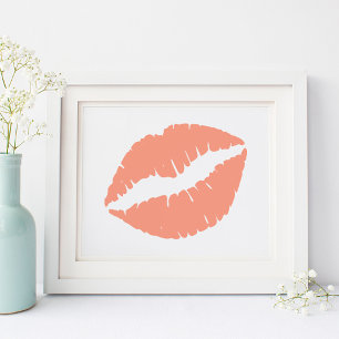 Coral Orange Lipstick Kiss Poster