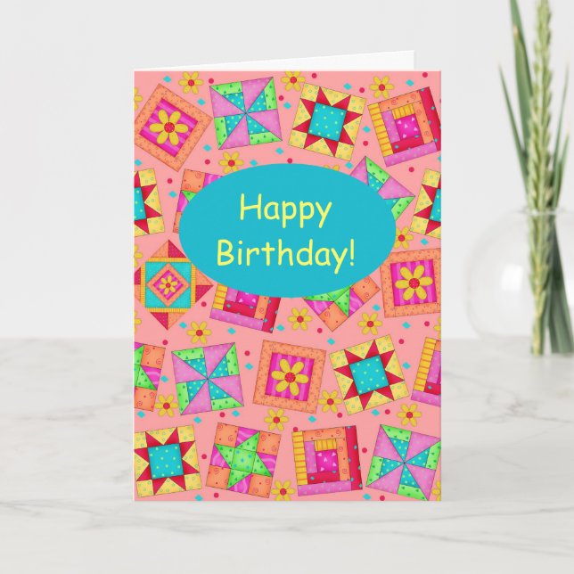 Coral Orange Patchwork Quilt Art Happy Birthday Card (Front)