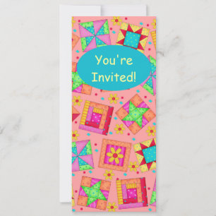Coral Orange Patchwork Quilt Block Art Invitation